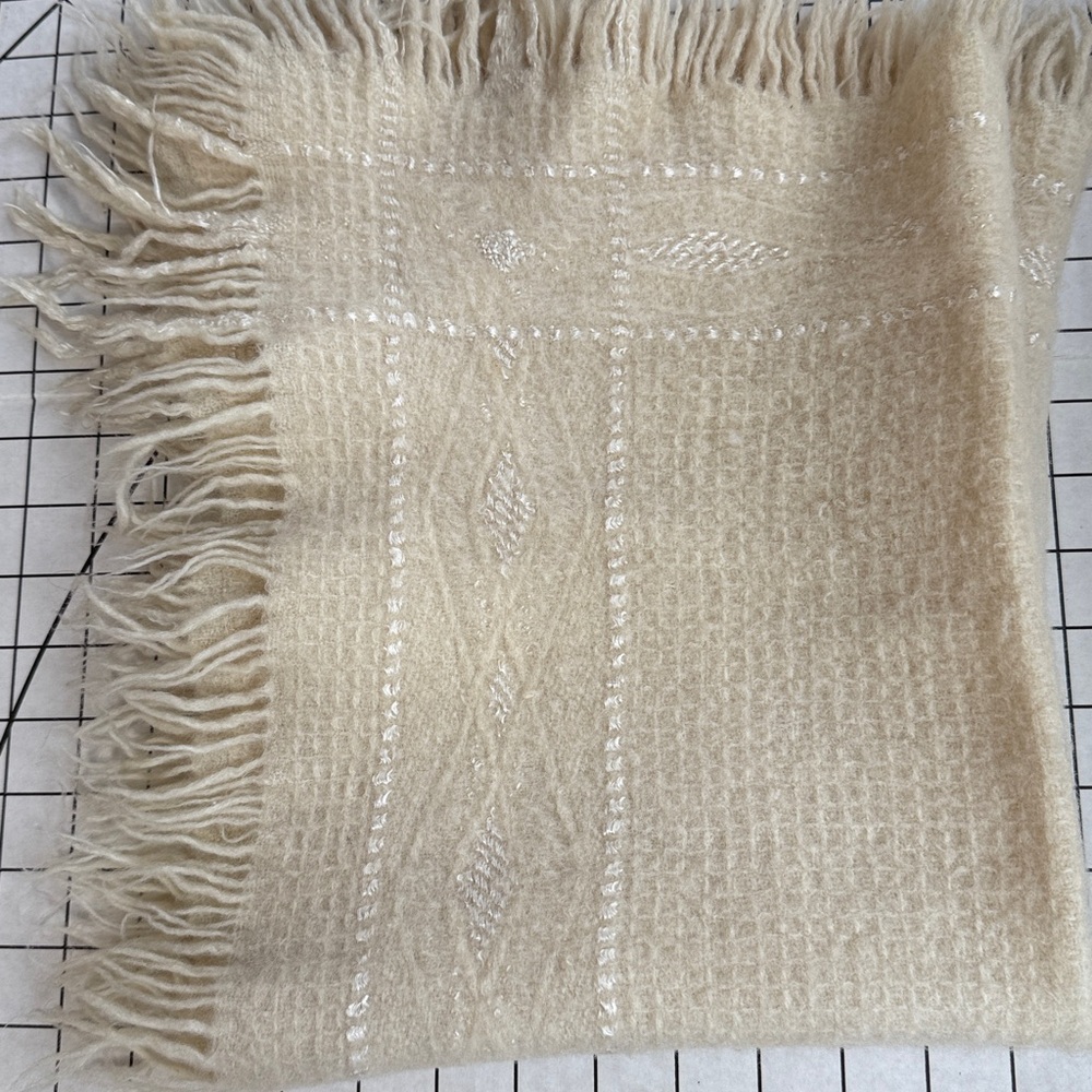Vintage Cream Wool Blend Baby Blanket 29x28 – Woven Diamond Pattern Fringe Edges